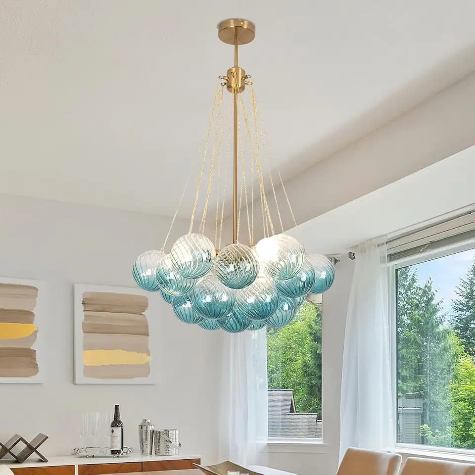 Bubble Ball Swirled Glass Chandelier, Nordic Modern Dining Room Pendant Lighting Fixture with Gradient Blue Glass Shade Glass Globes Hanging Light for Foyer Living Room (19 Glass Balls)