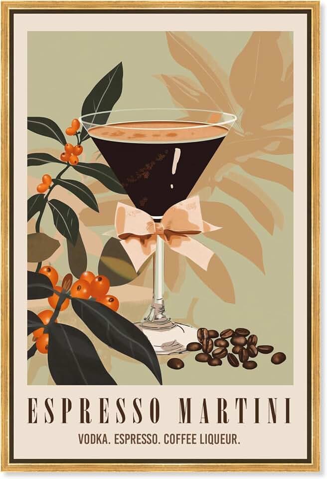 Art Remedy Classy Espresso Martini Poster Canvas Trendy Coastal Print, Gold Frame, 10" x 15"