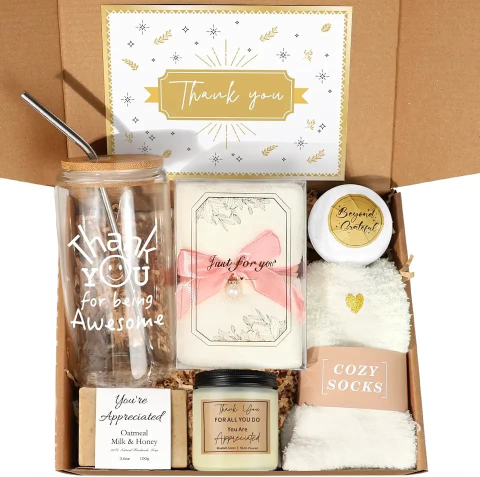 iAOVUEBY Thank You Gifts for Women, Employee & Teacher Appreciation Gifts Baskets for Women Coworkers Nurse Teacher Secretary Mentor Leader Friend, Thank You Gift Box with 16oz Being Awesome Glass
