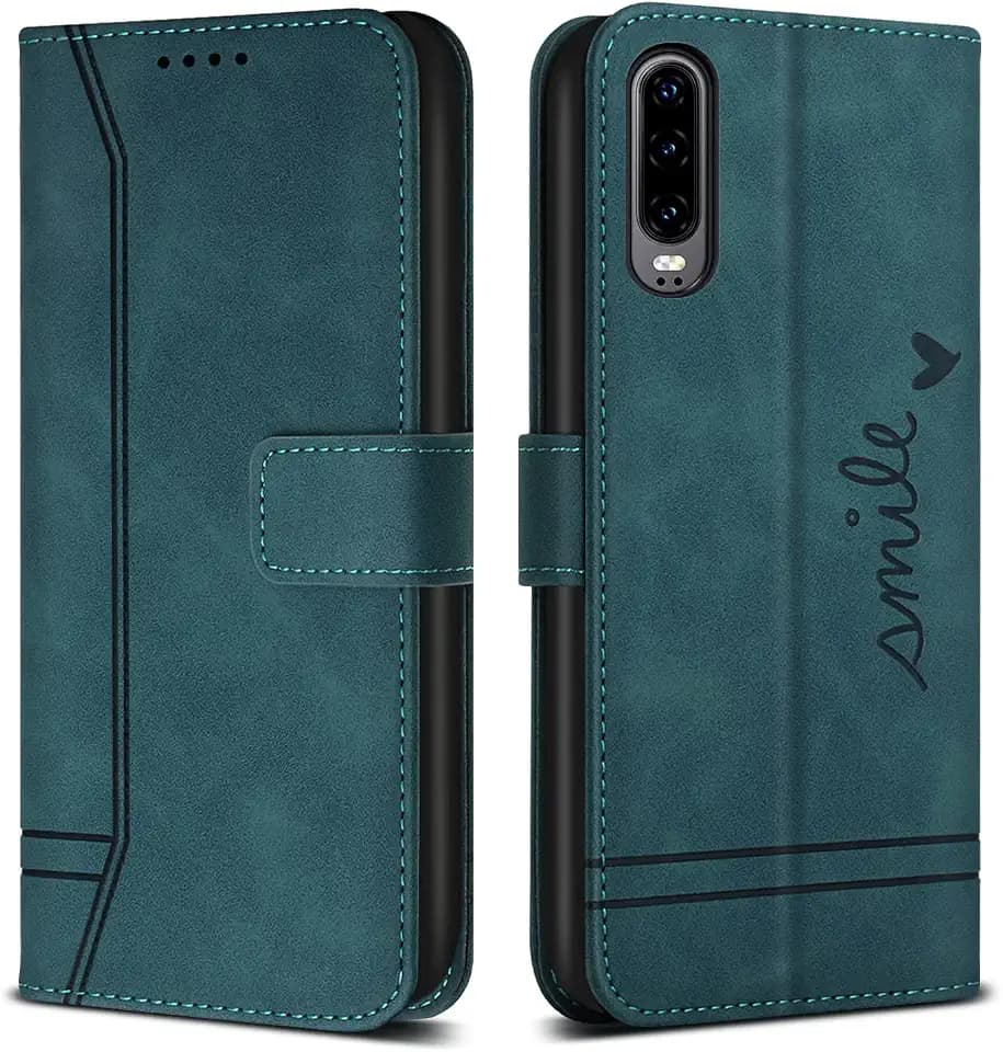 Hülle für Huawei P30, PU Ledertasche Handyhülle Flip Schutzhülle für Huawei P30, mit Kartenfäch & Kickstand, Grün