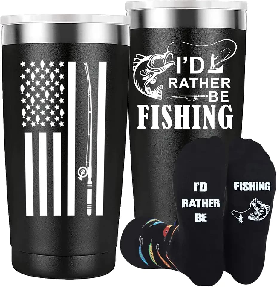 Golden Associate Fishing Gifts for Men, Novelty Fishing Socks and Tumbler 20 Oz Cup, Fisherman Fathers Gifts for Husband Dad Boys Grandpa Boyfriend Him