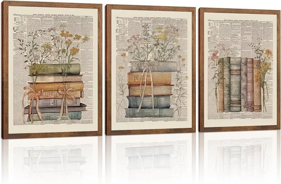 Wow NEW ART Vintage Book Florals Wall Art Set of 3,12x16in Wood Framed