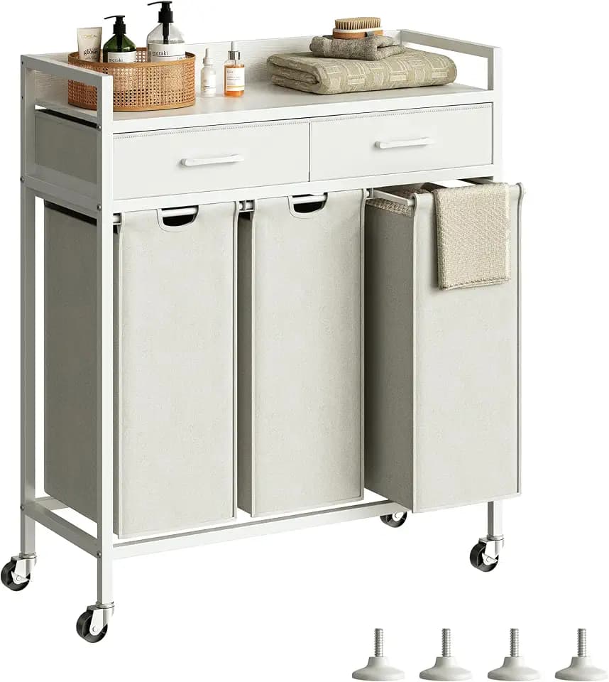 Herture Laundry Sorter 3 Section Laundry Hamper with Shelf, Durable 3 Section Laundry Basket with Rolling Wheels & Storage Drawers, 3 x 13.26 Gallons (50L), White PF09XLW
