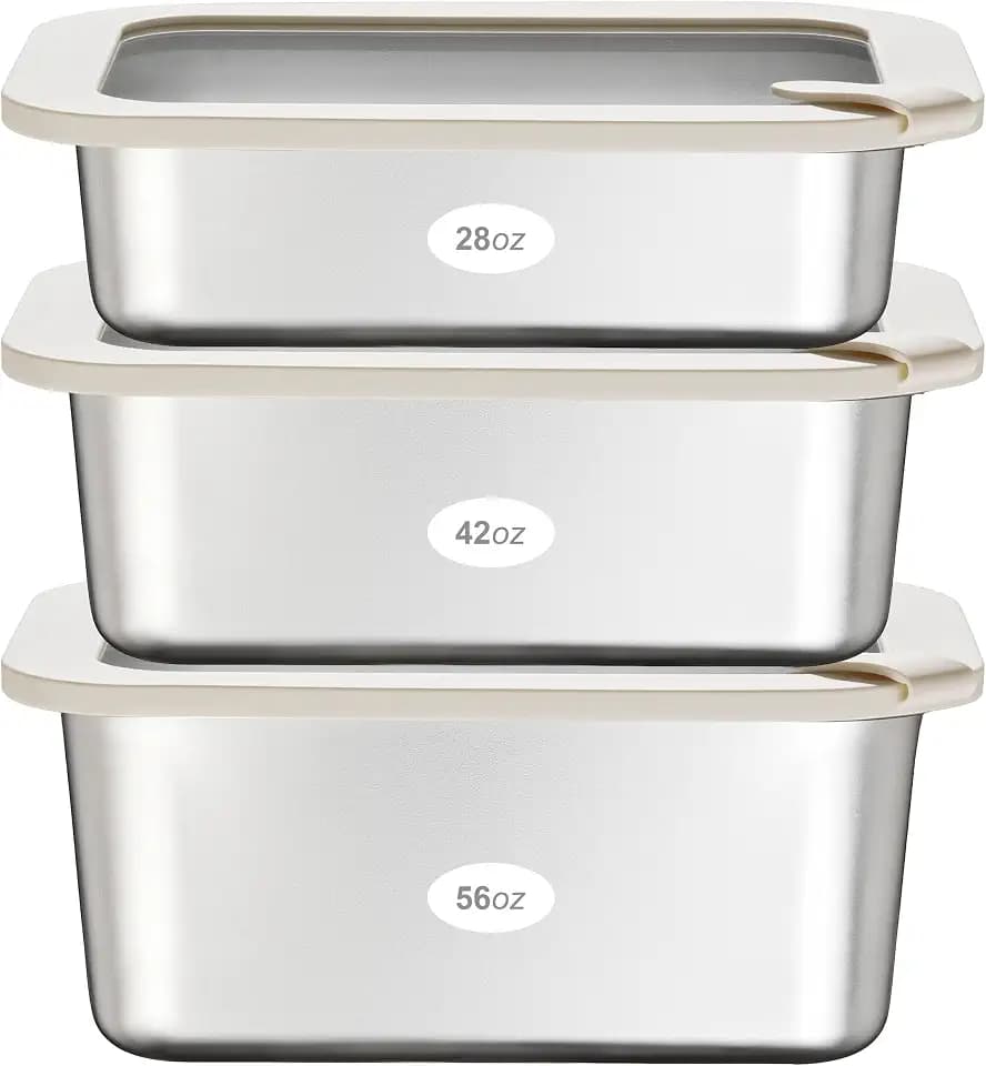 Stainless Steel Food Containers with Glass Lid, Airtight Leakproof Stainless Steel Storage Containers in set of 3, Rectangle Shape, Microwave Safe Food Storage Container Set, 100% Plastic Free
