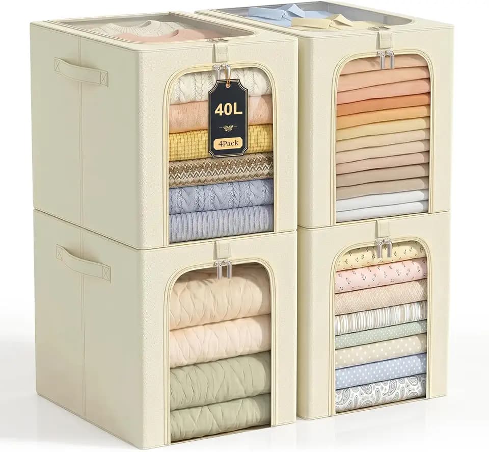 GoMaihe Clothes Storage Bins with Metal Frame for Closet, 40L 4-Pack Beige
