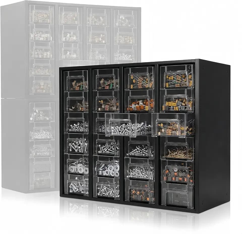 Nut and Bolt Organizer with 24 Clear Drawers&48 Adjustable Dividers(Black)