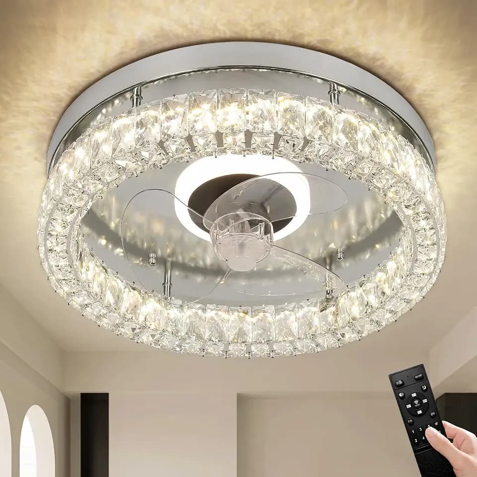 CLAIRDAI Chrome Crystal Flush Mount Ceiling Fan with Lights