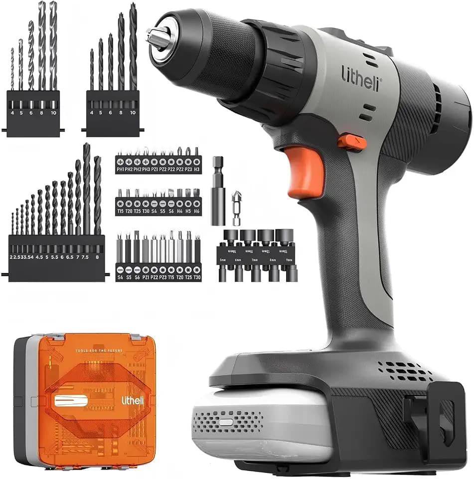 Litheli 20V Cordless Drill Set, 1/2-Inch Keyless Chuck, 443 In-lbs Torque, 2.0Ah Battery with Power Bank Function & Type-C Charging, 64-Piece Home Tool Kit with Bag for DIY & Home Repairs