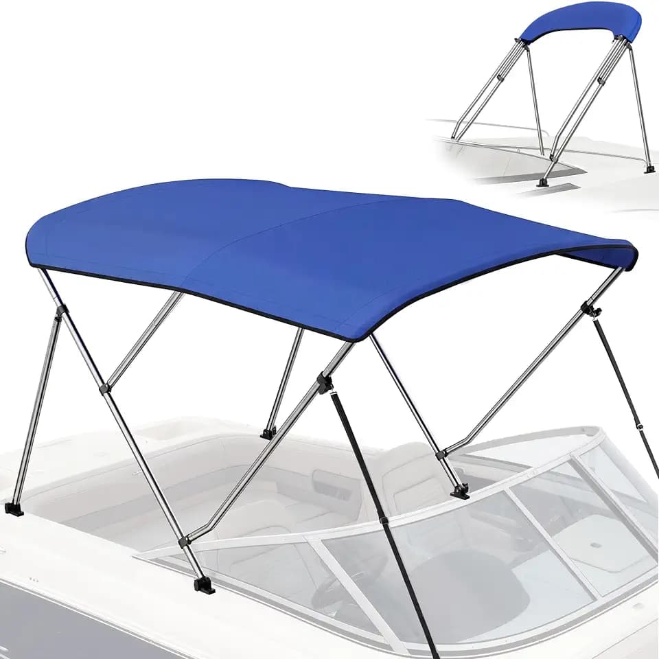 Bimini Tops for Boats - 900D Polyester Canopy with 1" Stainless Aluminum Frame, Storage Boot and 4 Nylon Straps, Bimini Top for Jon Boats, Pontoon Boats, Bowriders (Blue, 3 Bow 6'L x 46"H x 61"-66"W)