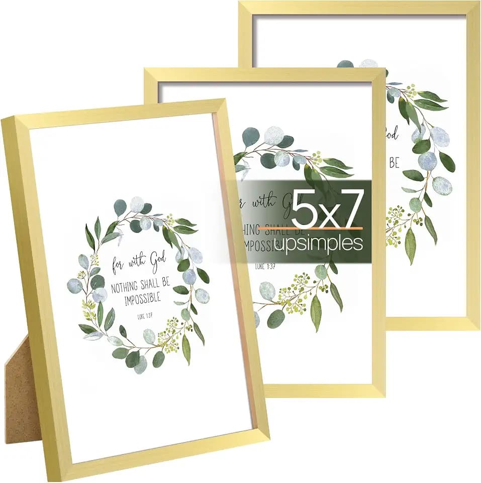 upsimples 5x7 Picture Frame Glass, Thin Border, Gold Photo Frames, 3 Pack