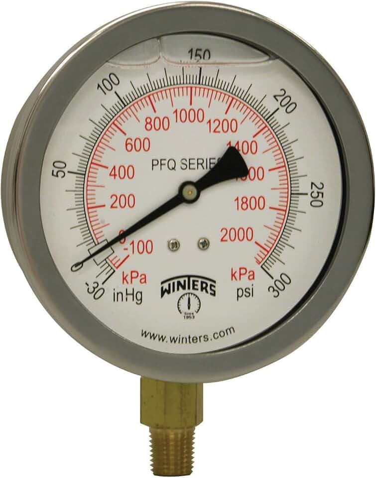 Winters 4" Dial Size, Liquid Filled Industrial Pressure Gauge, Brass Internals, Stainless Steel Case, Dual Scale 30" Hg-0-300 psi/kPa, 1.5% Acc, 1/4" NPT Bottom Mount, Pressure and Vacuum Gauge