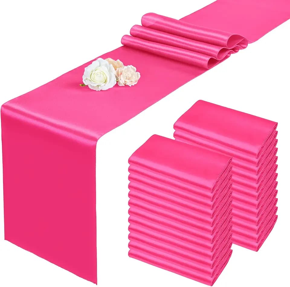 24 Pack Hot Pink Satin Table Runners 12 x 108 Inch Long Table Runners for Rectangle Round Tables,Smooth Satin Table Runner for Wedding,Birthday Party Banquets Graduation Engagements Decoration