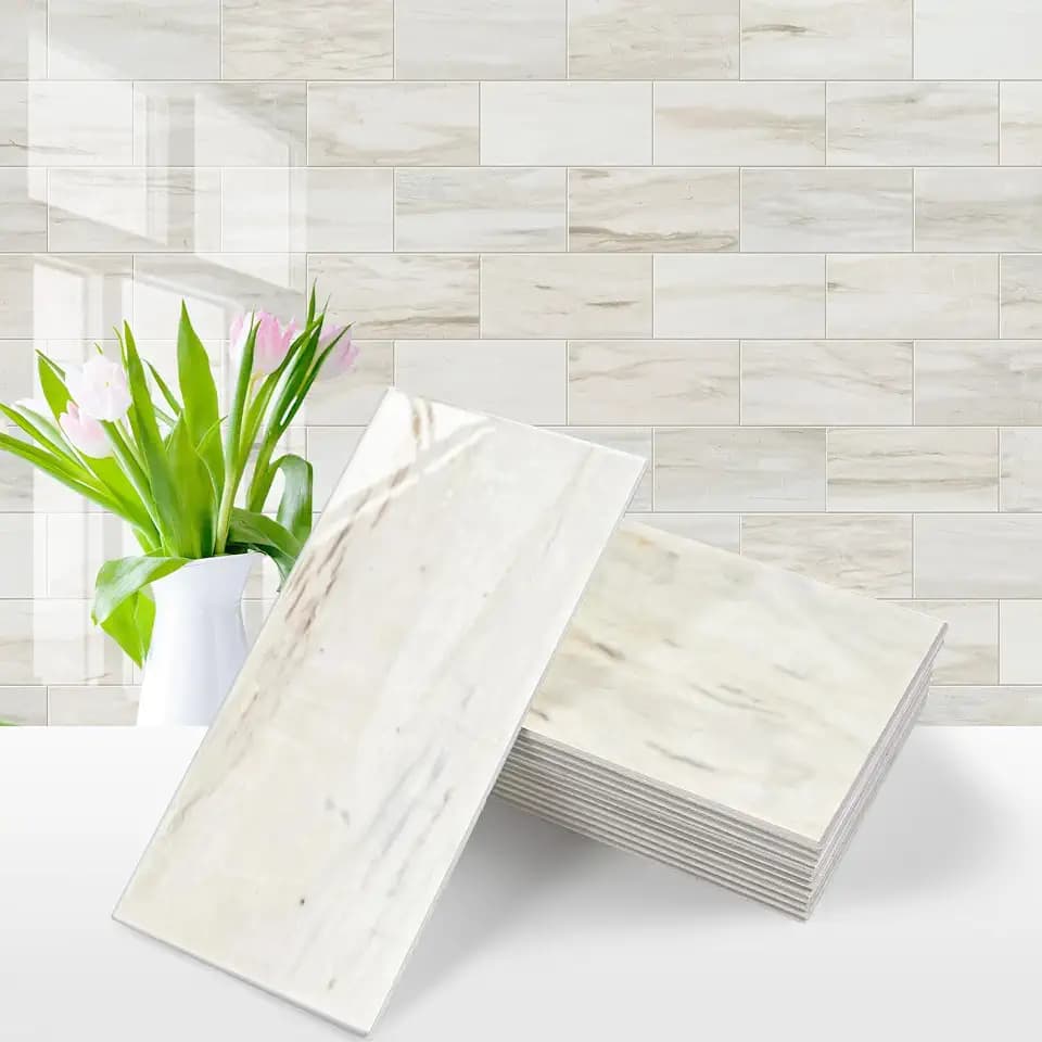 Vamos Tile 100-Piece Glossy Wooden Marble Grain Peel and Stick Backsplash Tile,3''x6'' PVC Subway Tile with White Grout, Stick on Backsplash for Kitchen/Bathroom/Fireplace