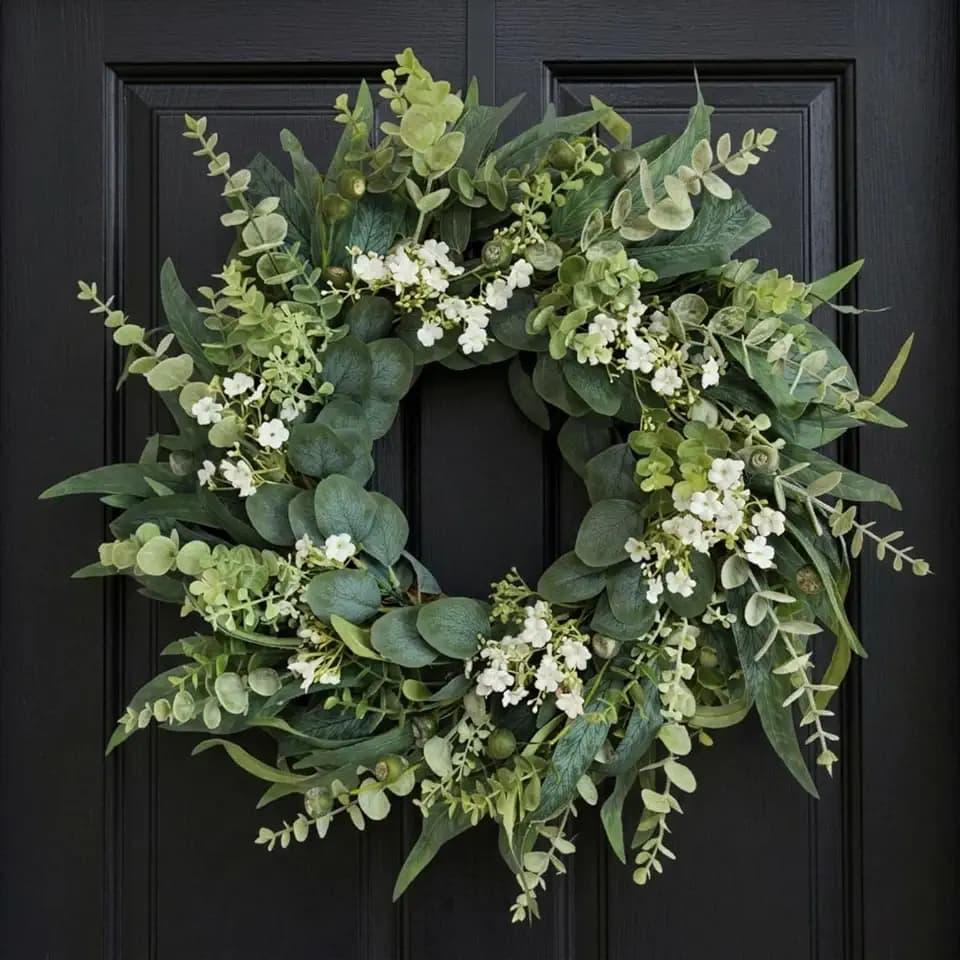 26" Eucalyptus Wreath for Front Door, Full Greenery Wreath with Baby’s Breath, Farmhouse Door Wreath, Year Round Spring Summer Wreath, Indoor Outdoor Home Decor