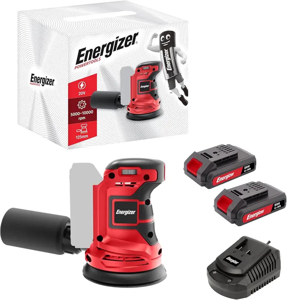 Energizer – Akku-Rundschleifer 20V, 10.000 U/min, 6-stufige Drehzahlregelung – 125 mm Klettteller, Staubsack, 10 Schleifscheiben inklusive – Inklusive 2 Akkus 20V 2AH + Schnellladegerät