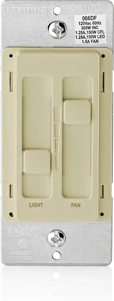 Leviton SureSlide Ceiling Fan Control and Dimmer Switch for LED, Halogen and Incandescent Bulbs, 66DF-10I, Ivory