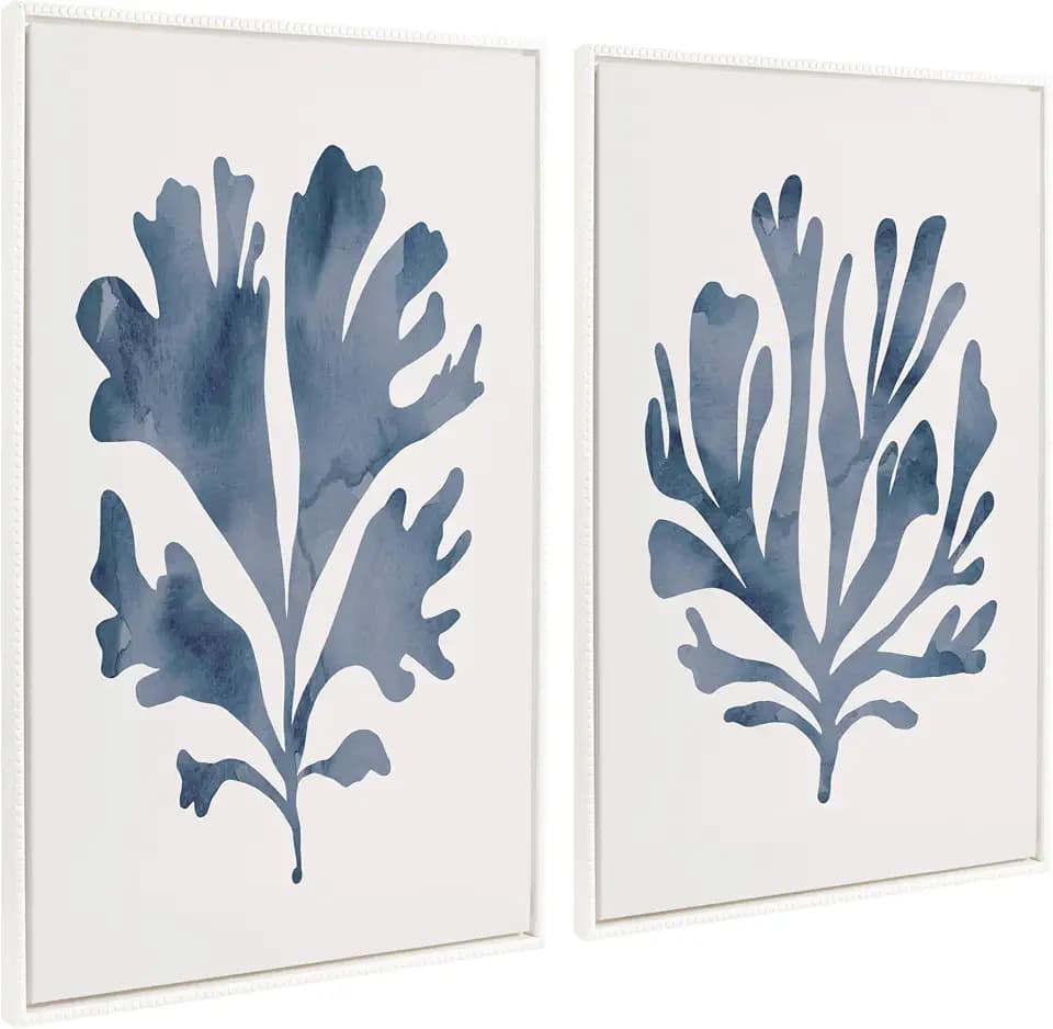 Kate and Laurel Sylvie Beaded Sophisticated Neutral Coral Blue 1 and 2 Vintage Framed Canvas Wall Art Set by The Creative Bunch Studio; 2 Piece Set 28x38 White; Blue Coastal Art for Wall