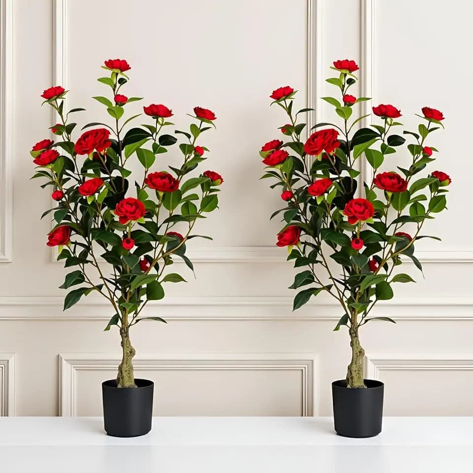 Artificial Camellia Tree 2 Pack, 3FT Faux Camellia Plant in Pot, 36 inch Fake Potted Camellia Flower Tree Plastic Camellia Tree for Modern Home Office Christmas Living Room Floor Decor Indoor, Red