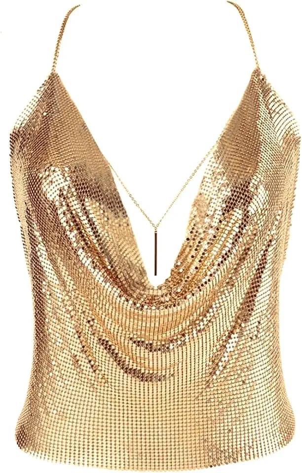 Gold Sexy Tops for Women Sparkly Deep V Neck Crop Tank Tops Cami Body Chain Top