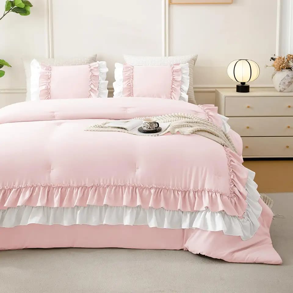 QSH Blush White Ruffle Comforter King Size,3PCs Farmhouse French Country Ruffled Coquette Bedding Comforter Set Shabby Boho Chic King Bed Comforter Set Ultra Soft Microfiber Lightweight Fluffy Bed