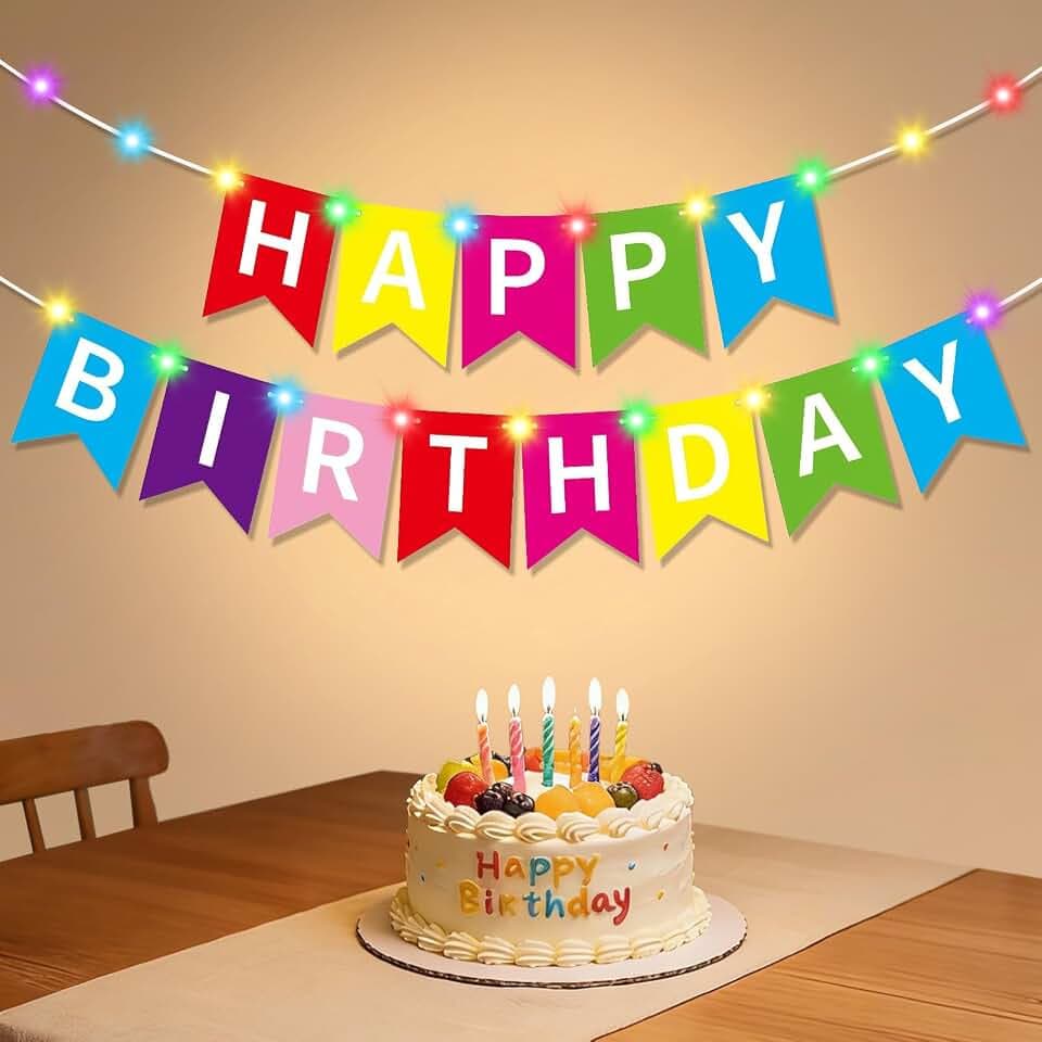 Turypaty LED Light Up Pre-strung Rainbow Happy Birthday Banner Decorations