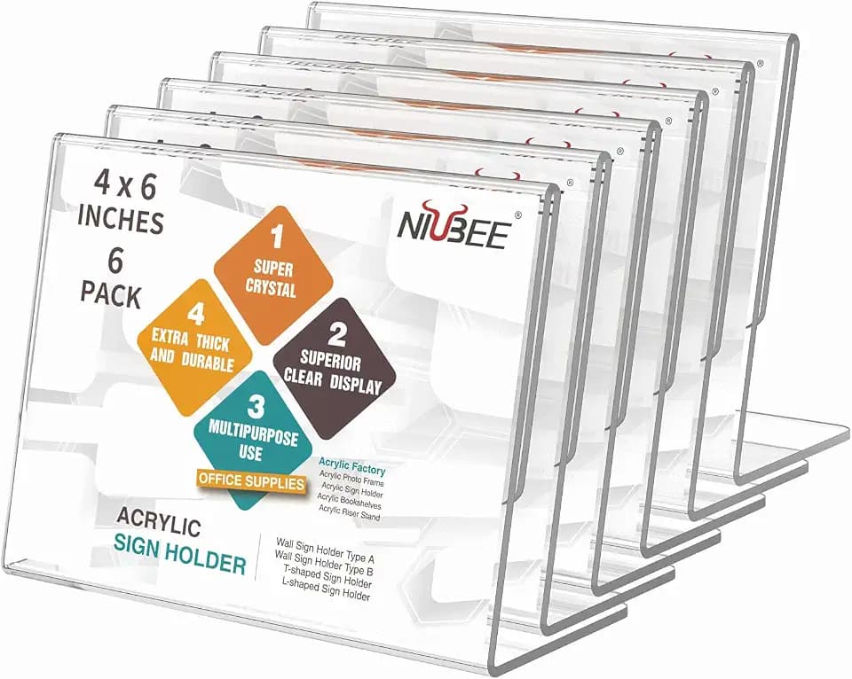 NIUBEE Acrylic Sign Holder 4x6 Horizontal L-Shape Menu Stand 6 Pack