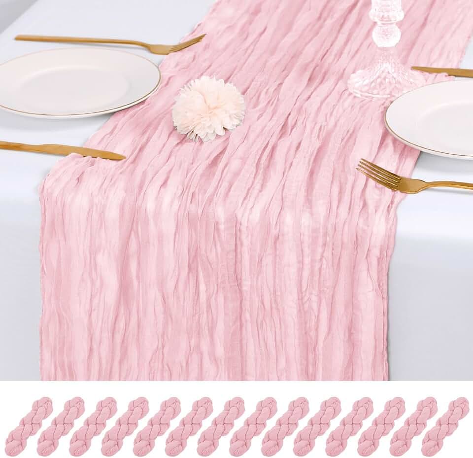 14 Pack Light Pink Cheesecloth Table Runner 17x108 Inch Semi Sheer Boho Gauze Cheese Cloth Fabric Table Runners, for Wedding Party Baby Shower Birthday Home Decor Garden Farmhouse