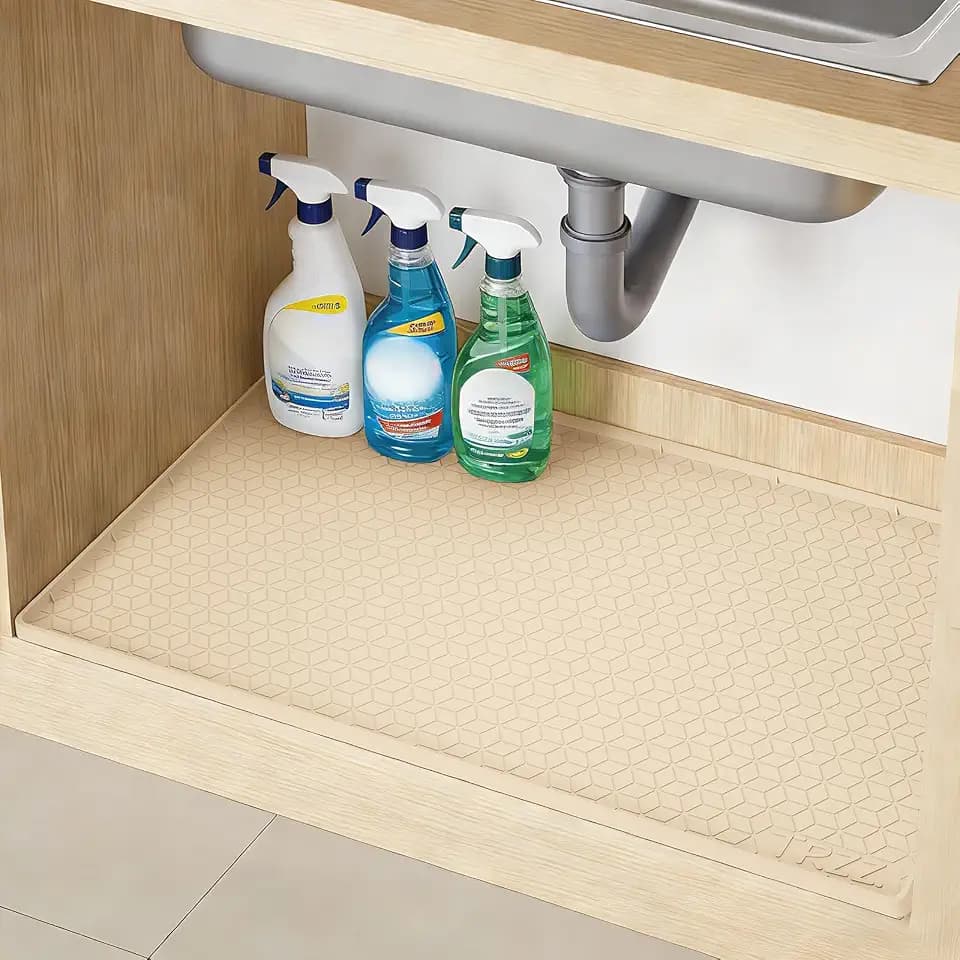 TRZZ Waterproof Under Sink Mat, 22"x19", Drip Tray Shelf Liner, Beige
