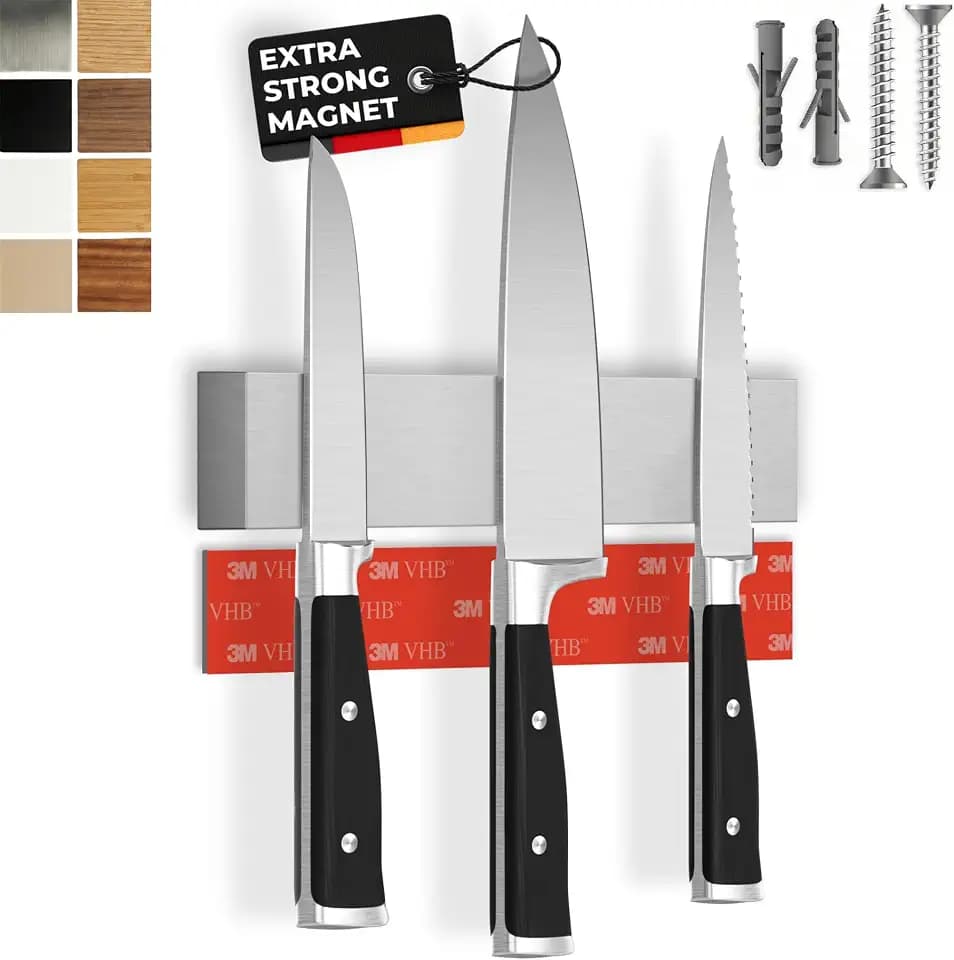 Magnetic Knife Holder for Wall 10" No Drilling incl. Self Adhesive Tape - Extra strong Magnet - Awarded Strip - Made of Stainless Steel