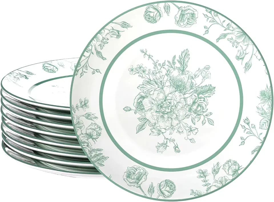 Jinei 8 Pcs Green Floral Salad Plates Dinnerware Set Chinoiserie Ceramic Round Dessert Serving Plates 8 Inch Dinner Serving Tableware for Kitchen, Microwave Oven Dishwasher Safe