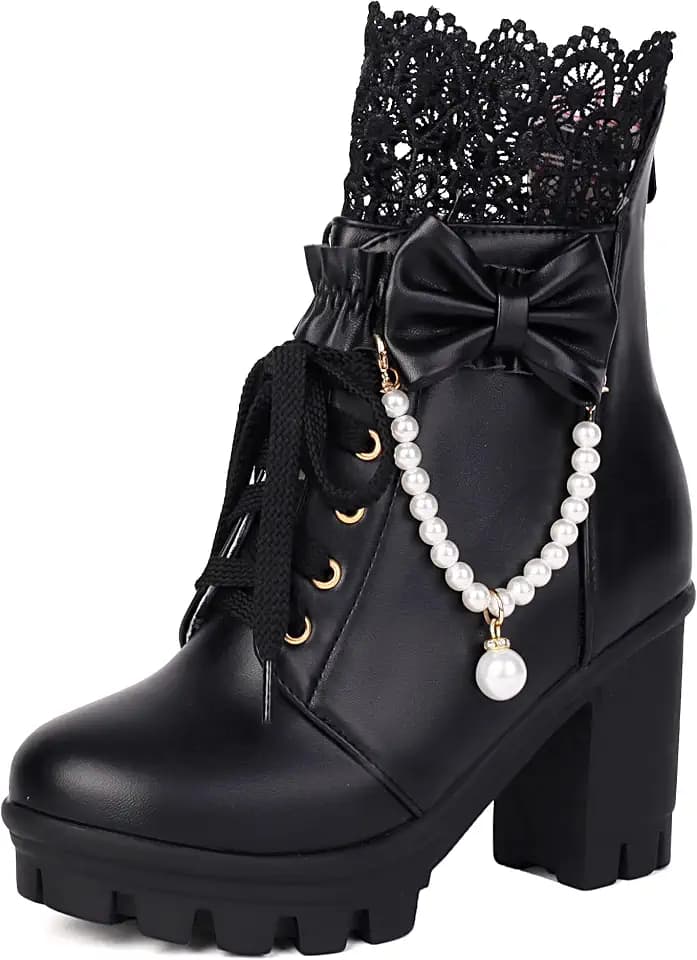 BEAUPAS Women's Platform Ankle Boots Lace Pearl Goth Boots