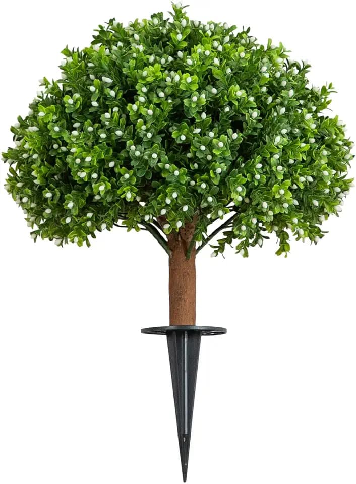 Nearly Natural 23in. UV Resistant Artificial Flowering Boxwood Topiary with Integrated Ground Stake (Indoor/Outdoor)