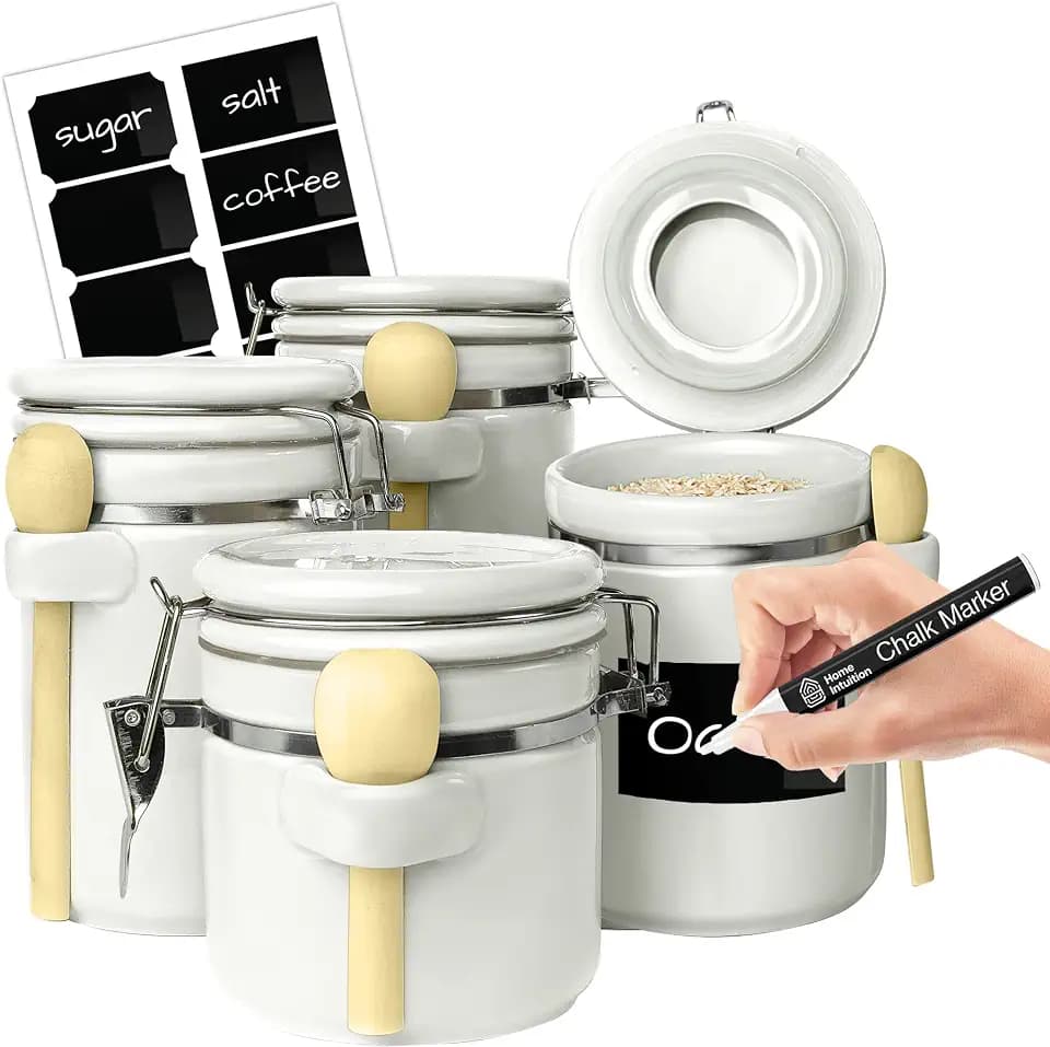 Home Intuition 4-Piece Ceramic Kitchen Canisters Set, Airtight Containers with Wooden Spoons Reusable Chalk Labels and Marker for Sugar, Coffee, Flour, Tea (White)