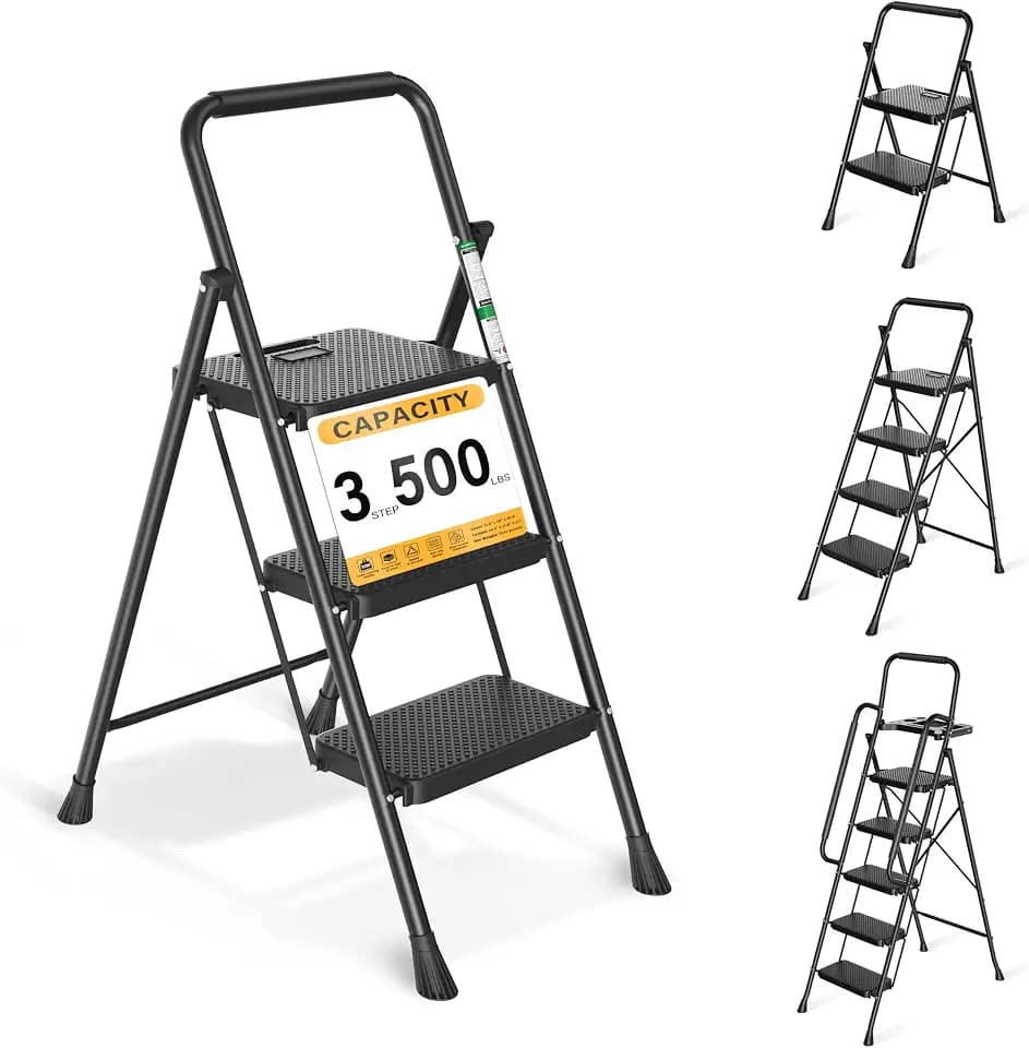 Arbusb 3 Step Ladder, Folding Steel Ladder with Handrail & Wide Pedals