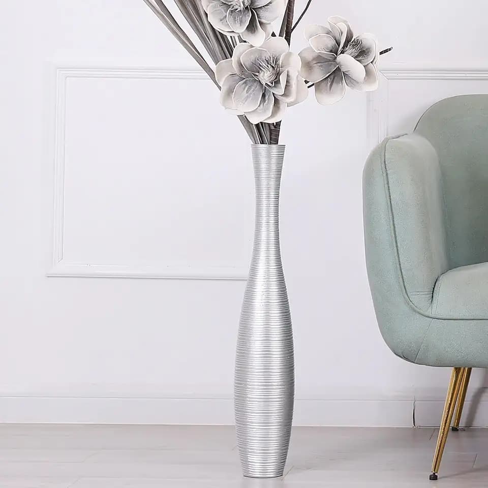 Leewadee Decorative Tall Floor Vase for Living Room Decor, 26 inches, Silver, Resin