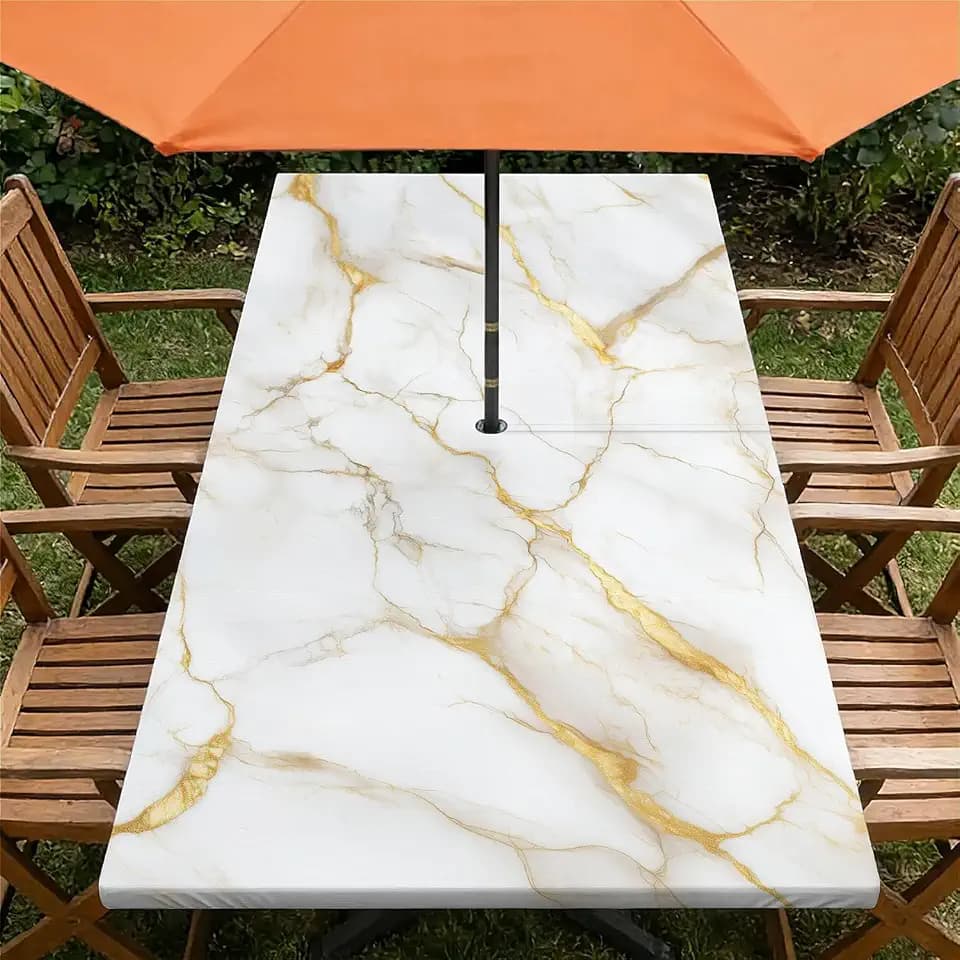 Rectangle Outdoor Tablecloth for Patio Table with Umbrella Hole, Waterproof Zippered Fitted Table Cover, Elastic Edge Wipeable Picnic Table Cloth, 48x30 inch, White Gold Marble