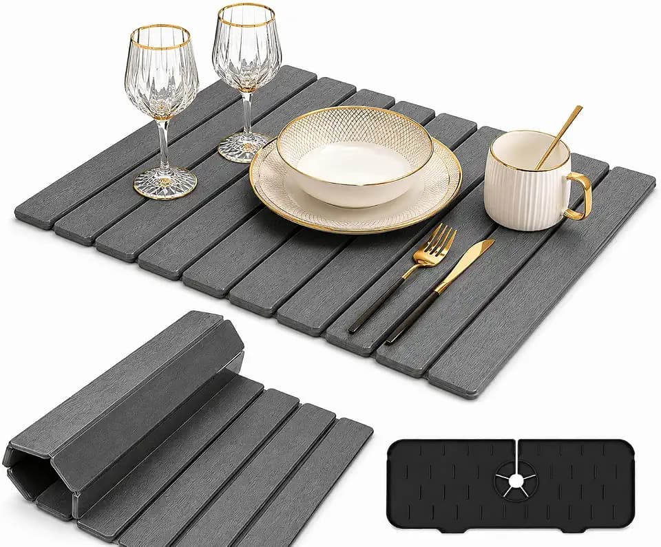 Stone Dish Drying Mat for Kitchen with Sink Splash Guard Counter, Foldable Quick Dry Dish Drying Mats, Absorbent Diatomaceous Earth Stone Drying Mats for Plate Rack Bottles Cups (Gray, 24"L×16"W)