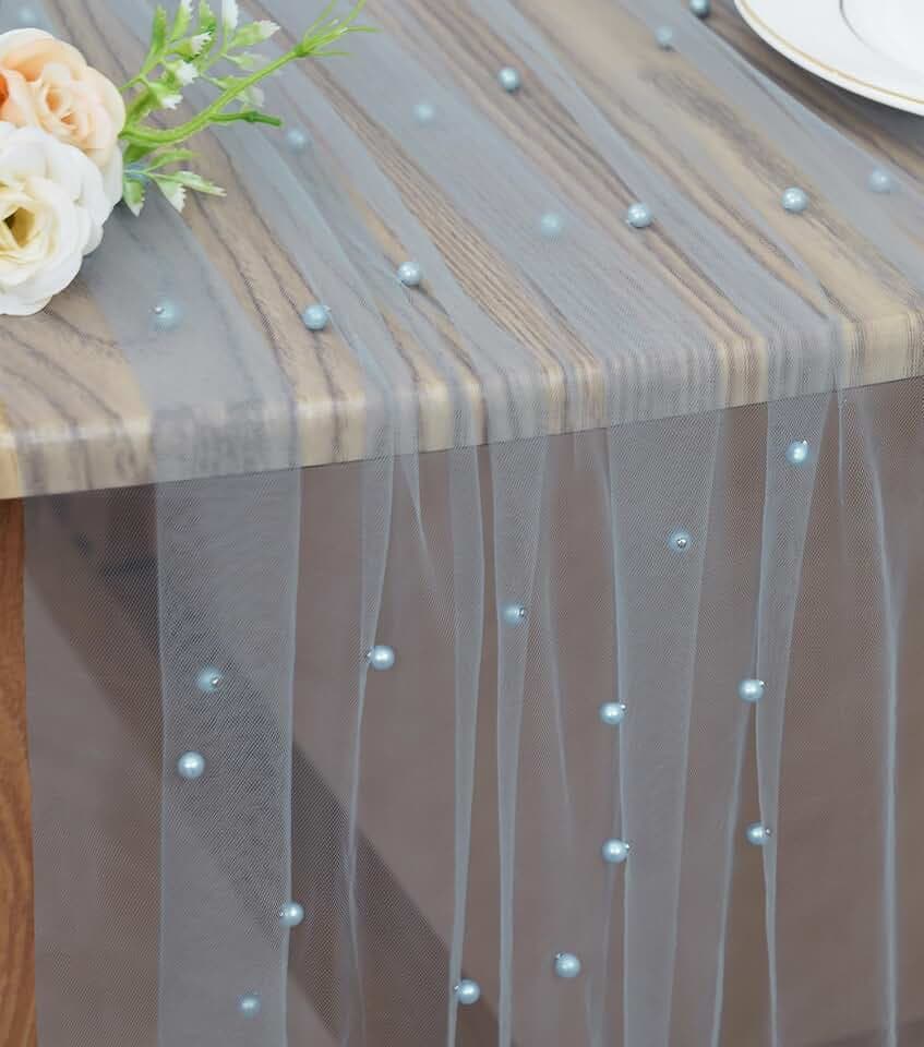Set of 6 Pearl Table Runner 29 x 120 Inch Dusty Blue Tulle Fabric Lace Table Runners Boho Rustic Table Runners for Bridal Shower Birthday Party Wedding Arch Aisle Veil Dessert Table Decor(Dusty Blue)