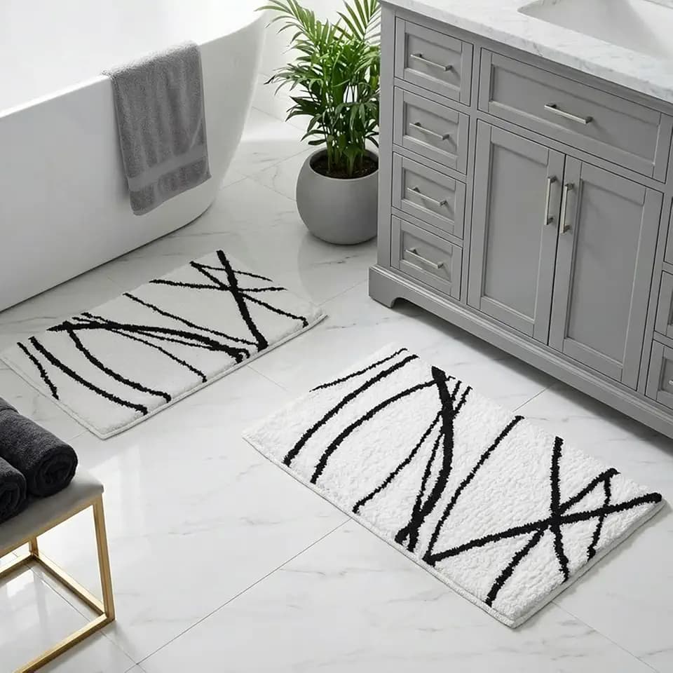 Tititex Luxury White Black Curve Line Bathroom Rug Set, 20x32 inch + 16x24 inch 2 pcs Extra Soft and Absorbent Microfiber Bath Rugs, Non-Slip Plush Shaggy Carpet,Mats for Floor, Tub and Shower