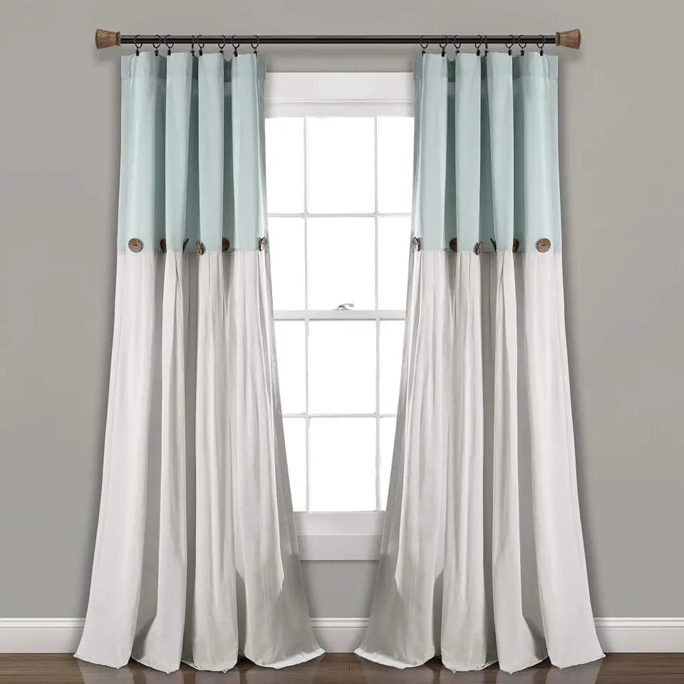 Lush Decor Linen Button Window Curtain Panel, Single, 40" W x 84" L, Blue & Off White- Country Curtains - Rustic Decor - Color Block - Modern Farmhouse Curtains