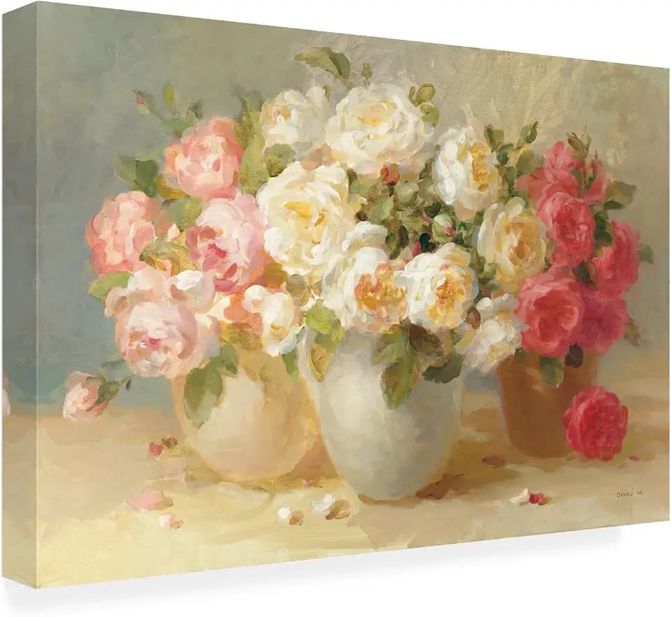 Trademark Fine Art Outdoor Canvas Art - Danhui Nai 'English Rose Bouquets' Wall Art for Outdoor Spaces, Patios, or Gardens