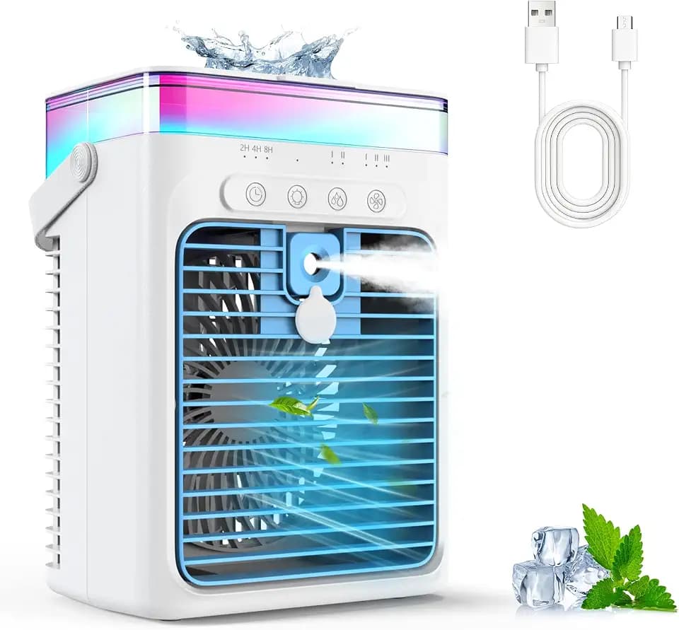 Portable Air Conditioner, 3-in-1 Evaporative Air Cooler with 3 Speeds & 2 Mist Modes, 1000ml Personal Mini AC Unit, USB Powered Small Cooler with RGB Light & Timer for Bedroom Office Desk Car