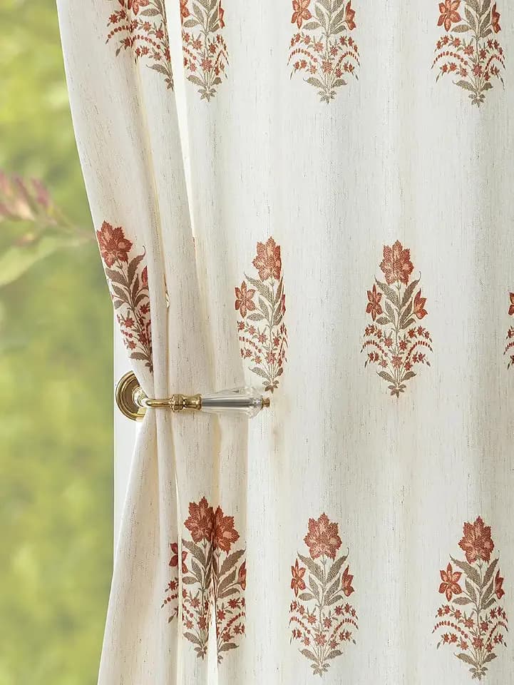 Pinch Pleated Curtains for Living Room: Light Filtering Floral Curtains 95" White Brown Linen Blend Drapes for Bedroom Dining Room Nursery, OEKO‑TEX Certified, Easy Care, 2 Panels Set, 40"x95"