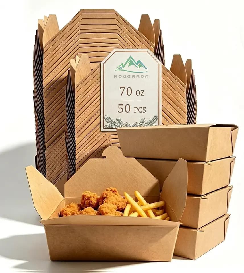 Kaderron 70Oz 50Pcs Disposable Take Out Food Containers, Brown Food Boxes To Go Kraft Paper Takeout Box Microwaveble and Refrigerator Safe(70OZ-50PACK)