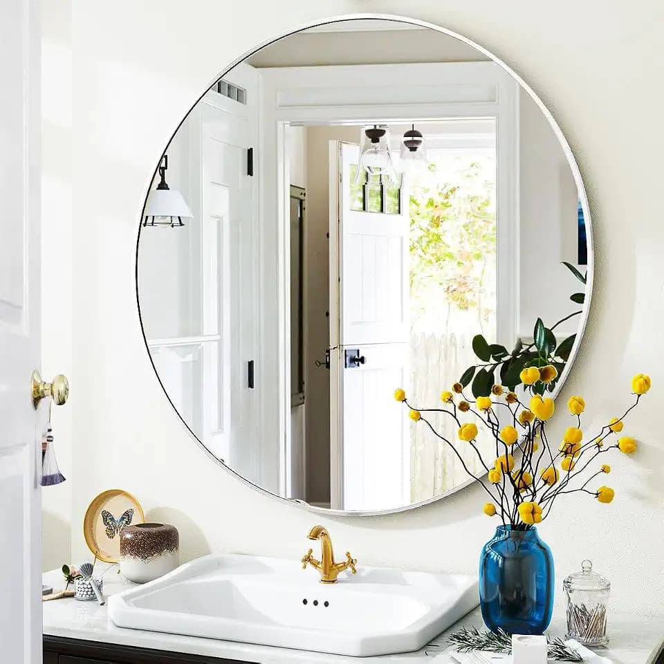 VooBang Silver Round Bathroom Mirror 24", Thin Metal Frame Wall Mirror