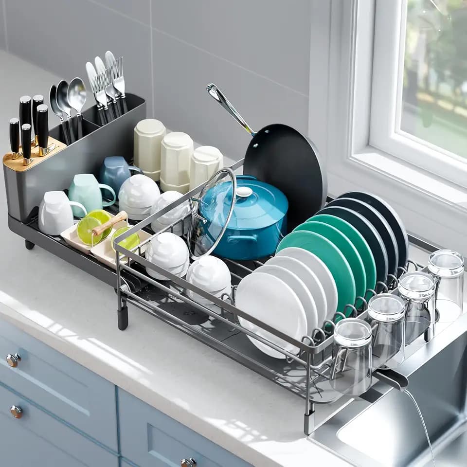Urackify Extendable Dish Drying Rack, 18.5"-26.7" L x 12.7" W, Gray
