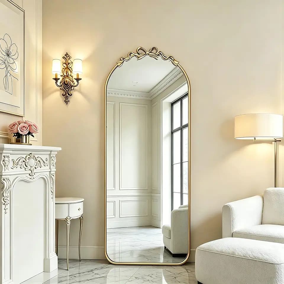 Gold Bow Full Length Mirror Standing Body Floor Mirrors - 56"x21" French Arched Mirror Full Length for Bedroom/Living Room/Cloakroom with T-shaped Back Support Bracket, Antique Vintage Home Decor