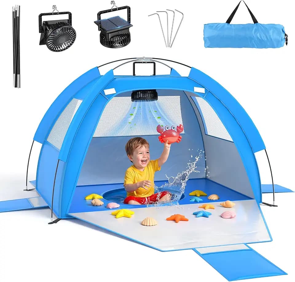 Baby Beach Tent Solar Cooling Fan, Anti-UV Toddler Beach Tent Sun Shelter Portable Travel Fan Beach Shade Tent, Baby Play Tent Built-in Ceiling Fan Sun Shelters Toddler Beach Essentials Blue
