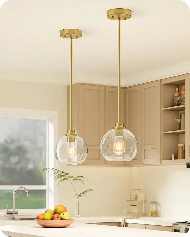 EDISHINE 2-Pack Pendant Light Kitchen Island Clear Glass Globe Gold
