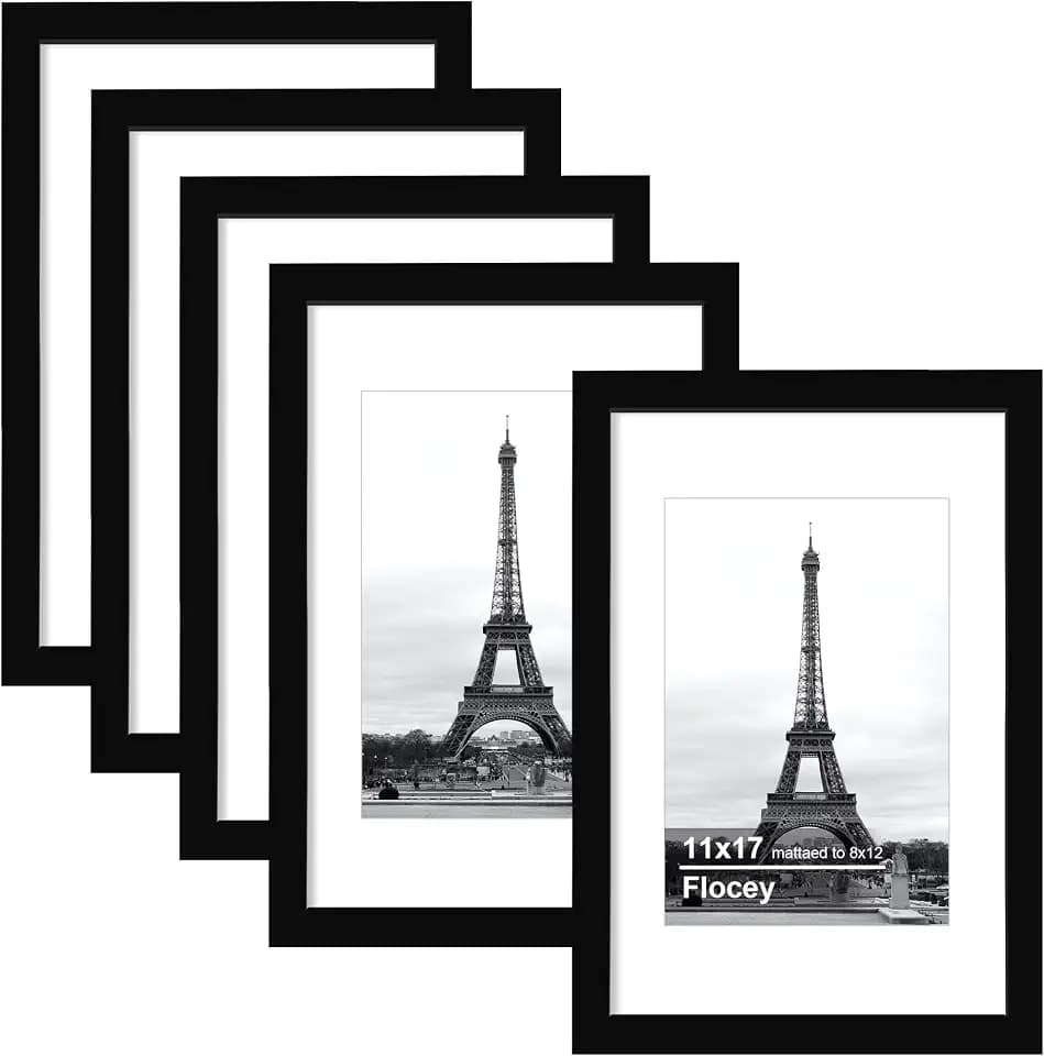 11x17 Picture Frame 5 Pack, Black Photo Frame, Display Pictures 8x12 with Mat or 11x17 without Mat for Horizontal or Vertical Wall Mounting, Wall Gallery Frame for Artwork Certificate